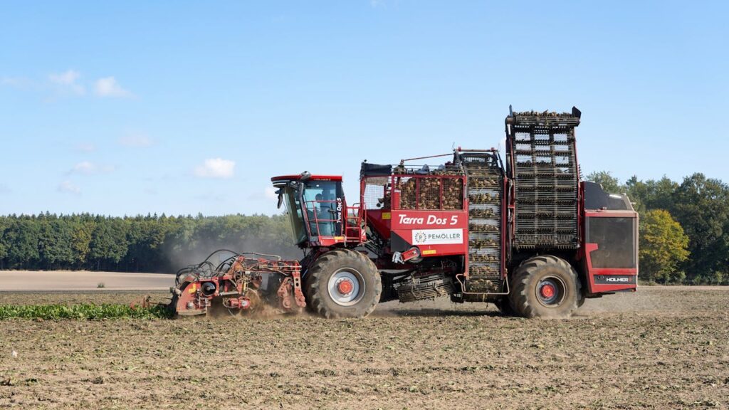 Automated beet harvester working in a field in Lütau, Germany.